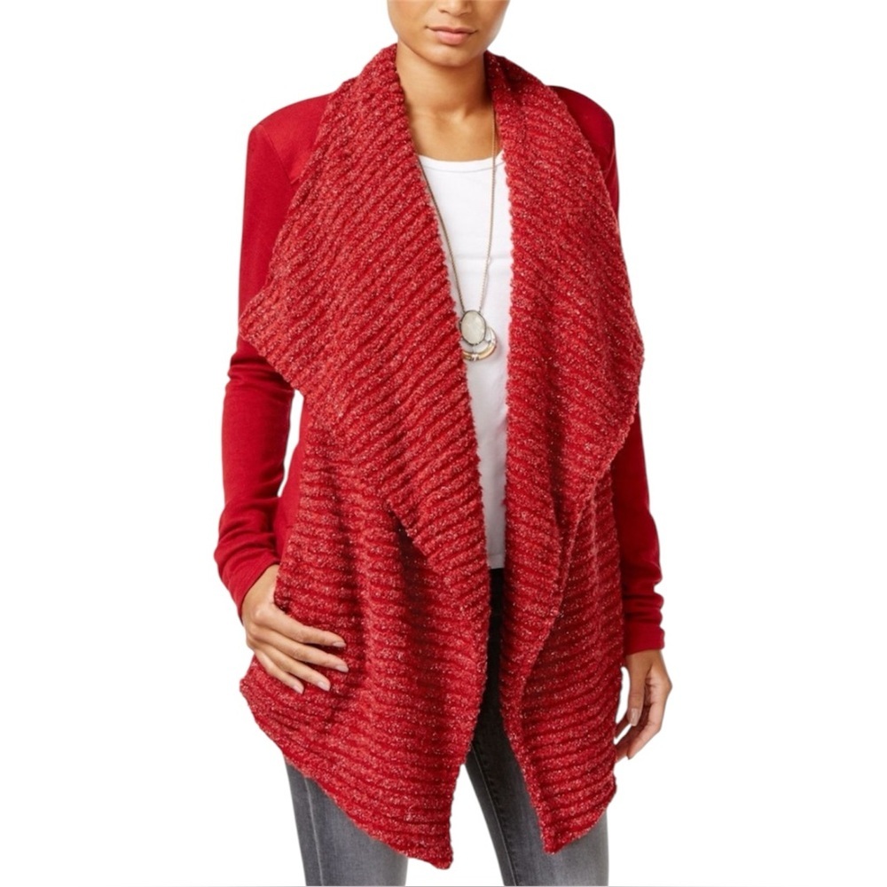 Lucky Brand metallic-shimmer red shawl collar Open Front Drape Cardigan Sweater